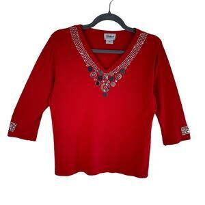 Distinct Red 3/4 Sleeve V-Neck Embellished Stretchy Pullover Blouse‎ Size M